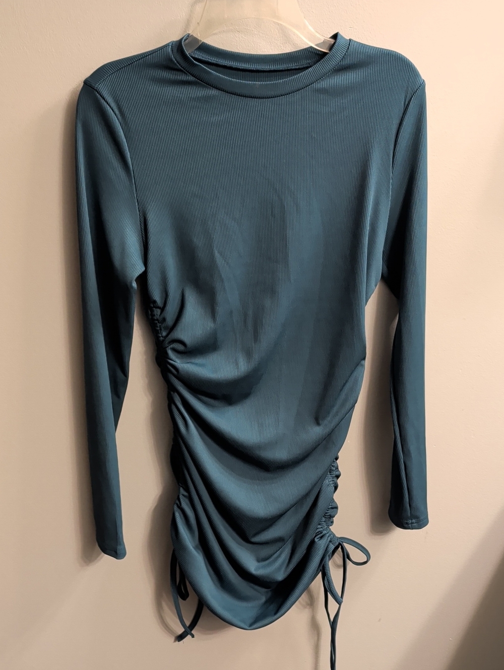 Long Sleeve Ruched Side Drawstring Dress - Teal Blue